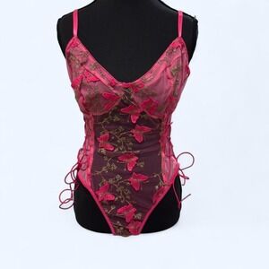 Pink Butterfly Embroidered Lace Mesh Bodysuit